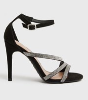New Look Black Suedette Diamante Strap Stiletto Heel Sandals